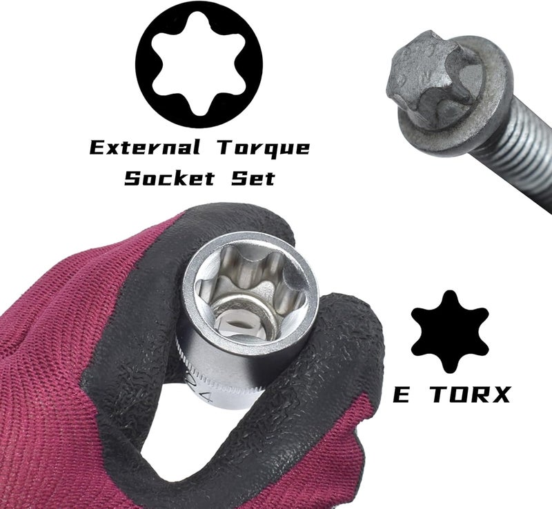 Yuesstloo E-Torx Socket Set, 14 Piece Female E-Torx Star Socket Set, 1/4" 3/8" 1/2" Drive, E4 to E24 External Torque E Socket Set, 14pcs Star Socket Kit - Image 3